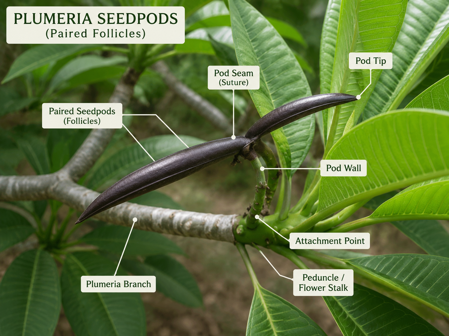 Diagram labeling plumeria seed pods on a branch, including paired follicles, pod seam, pod tip, pod wall, attachment point, and peduncle.